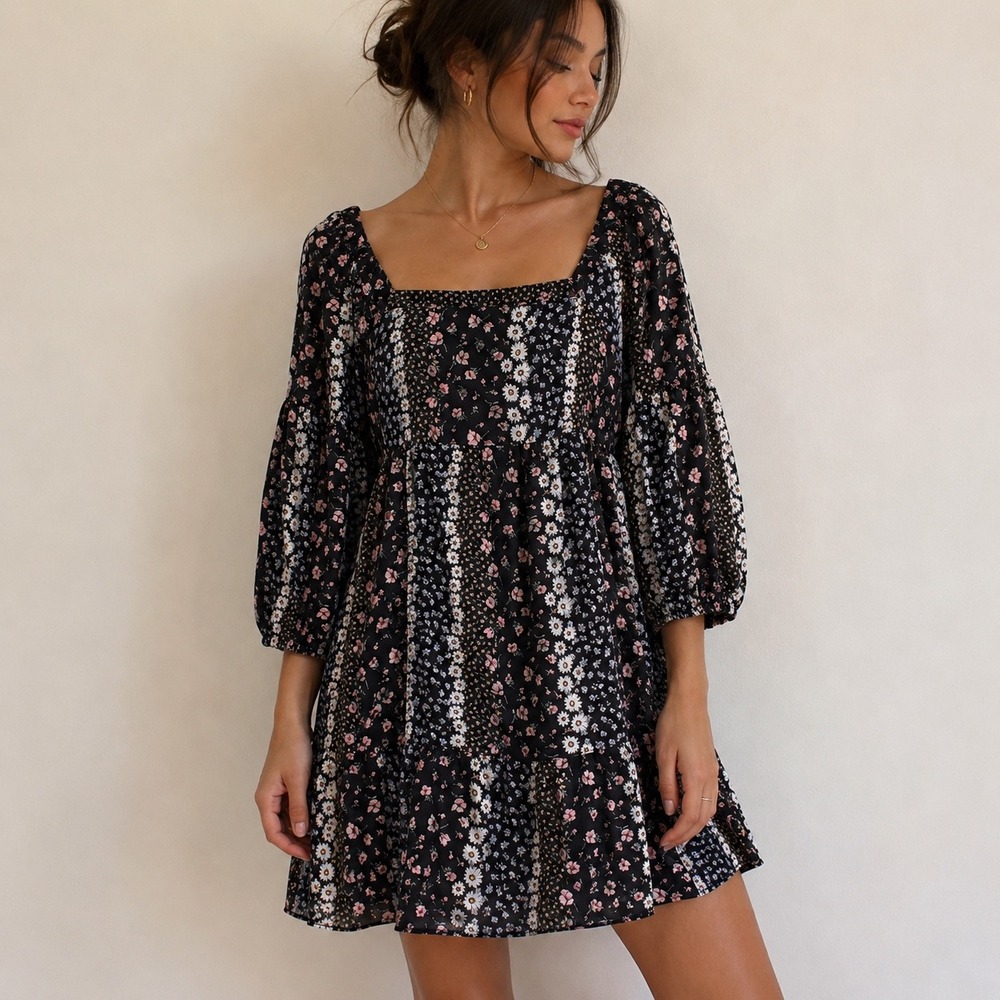Evolutionary Black Floral Patchwork Mini Dress Puff Sleeve Size M Cottagecore